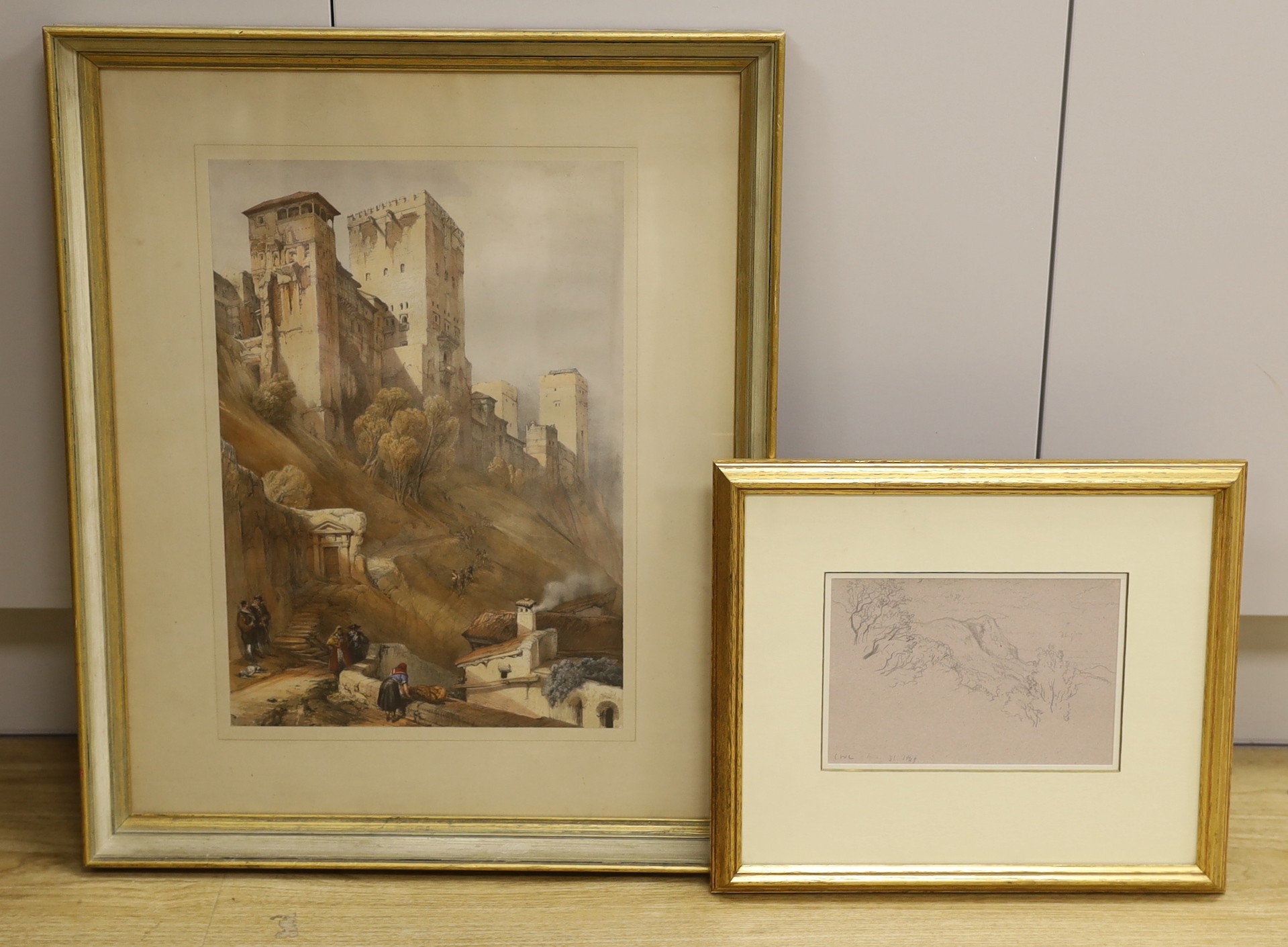 Charles West Cope (1811-1890), pencil drawing, Lakeland Fells, initialled and dated 1849, 13 x 20cm and a hand coloured lithograph, 'The Fortress of the Alhambra', after David Roberts, 40 x 28cm.